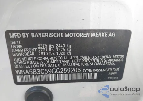 2016 BMW 535I xDrive from USA, damaged, VIN WBA5B3C59GG259206